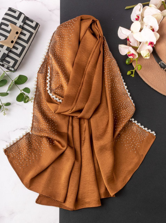 شال ساتن کوپرا نگین و مرواریدی