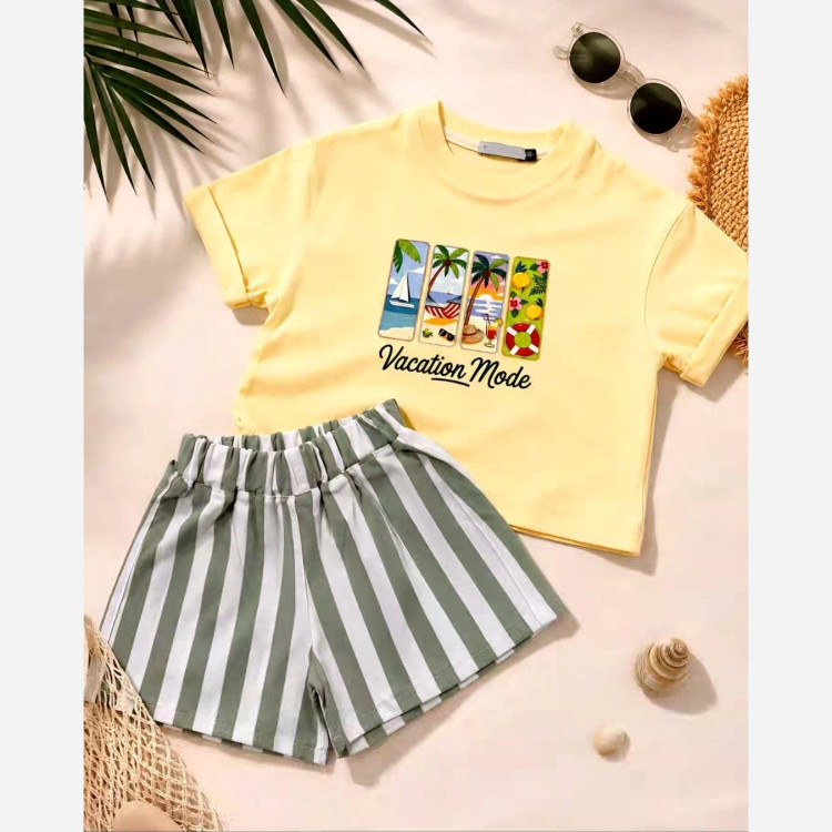 ست تیشرت و شلوارک راه راه تابستانی دخترانه نخی پنبه لاکرا آرتان کیدز مناسب 2 تا 10 سال