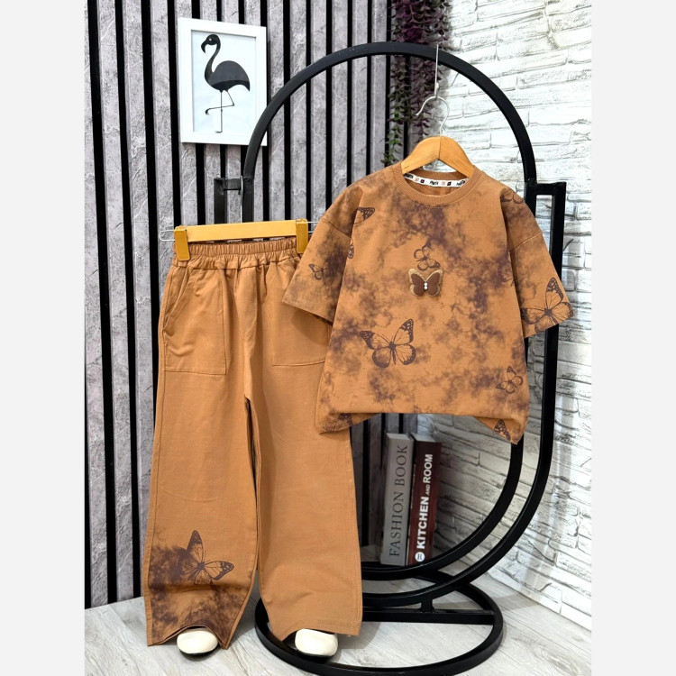 لباس دخترانه طرح پروانه نخ پنبه لاکرا تیشرت و شلوار سایز 50 تا 65