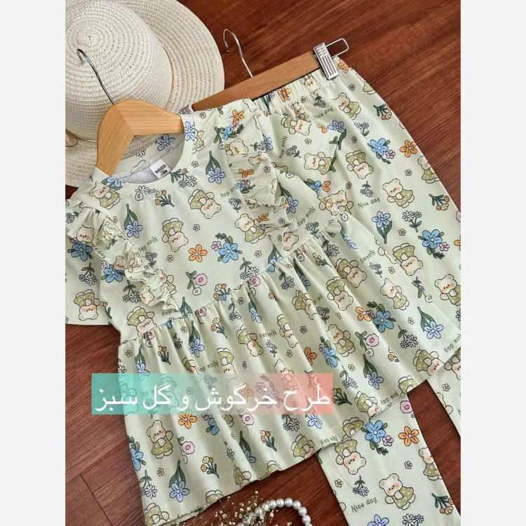 ست بلوز و شلوار راحتی دخترانه مدل خرگوش و گل سبز جنس پنبه لاکرا سایز 40 تا 60