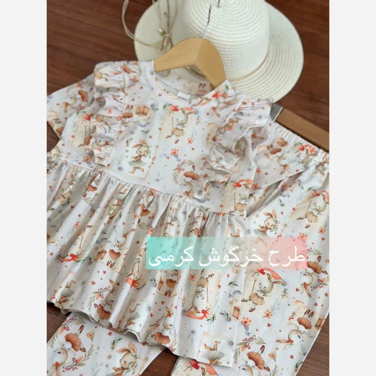 ست بلوز و شلوار راحتی دخترانه پنبه یک رو لاکرا مدل خرگوش کرم سایز 40 تا 60
