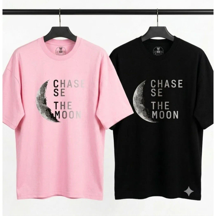 تیشرت نخ پنبه مردانه و زنانه فانتزی CHASE THE MOON رنگ مشکی و صورتی