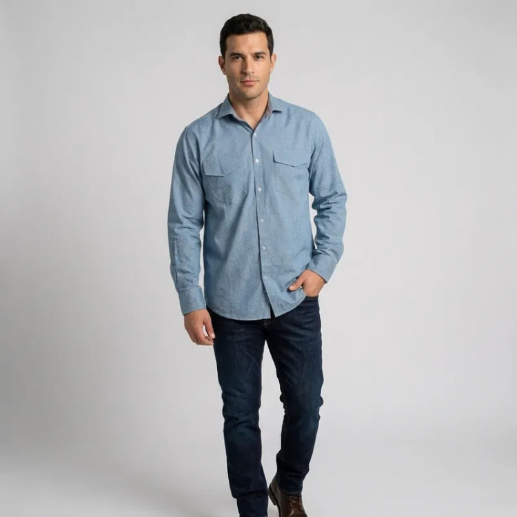 پیراهن مردانه آستین بلند دوجیب تترون ویسکوز چهارخانه رگولار فیت