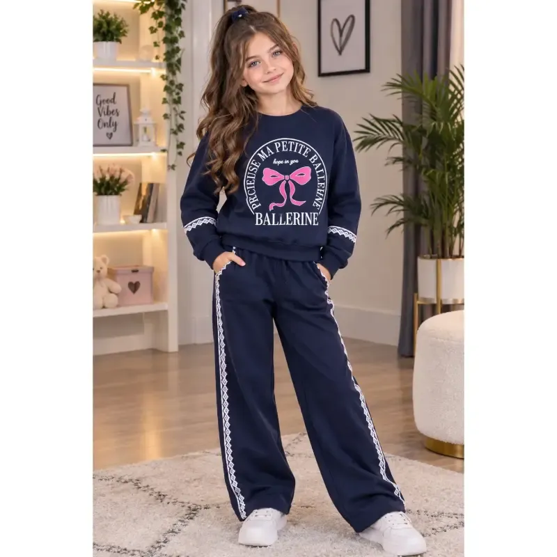 ست لباس دخترانه دورس پاپیونی مناسب 3 تا 10 سال رنگ سرمه ای نسکافه ای سایز 45 تا 60