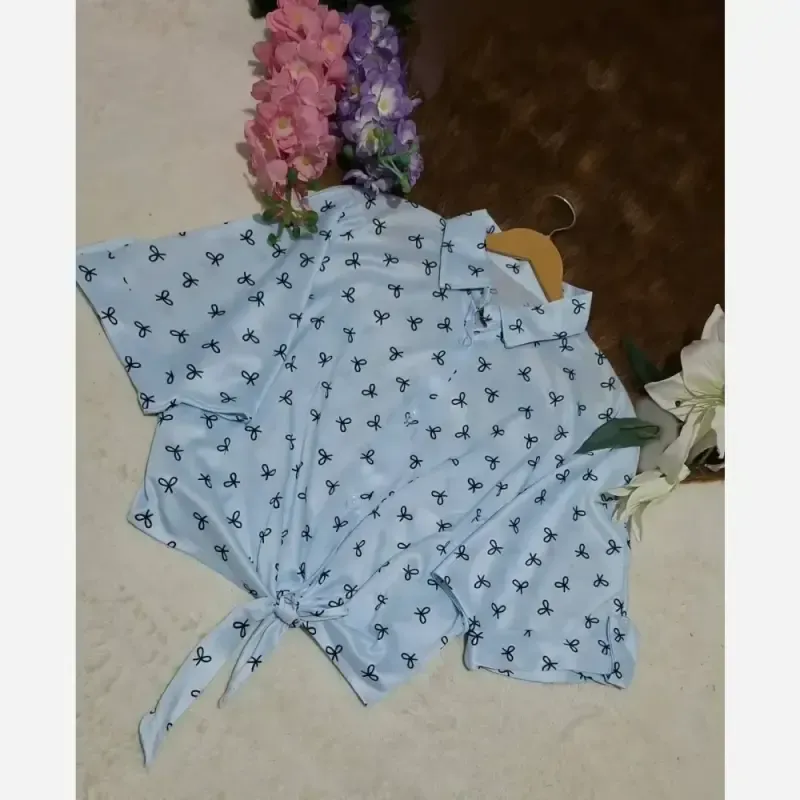 شومیز گره ای چاپی پاپیونی جنس پری صابونی شیشه ای فری سایز