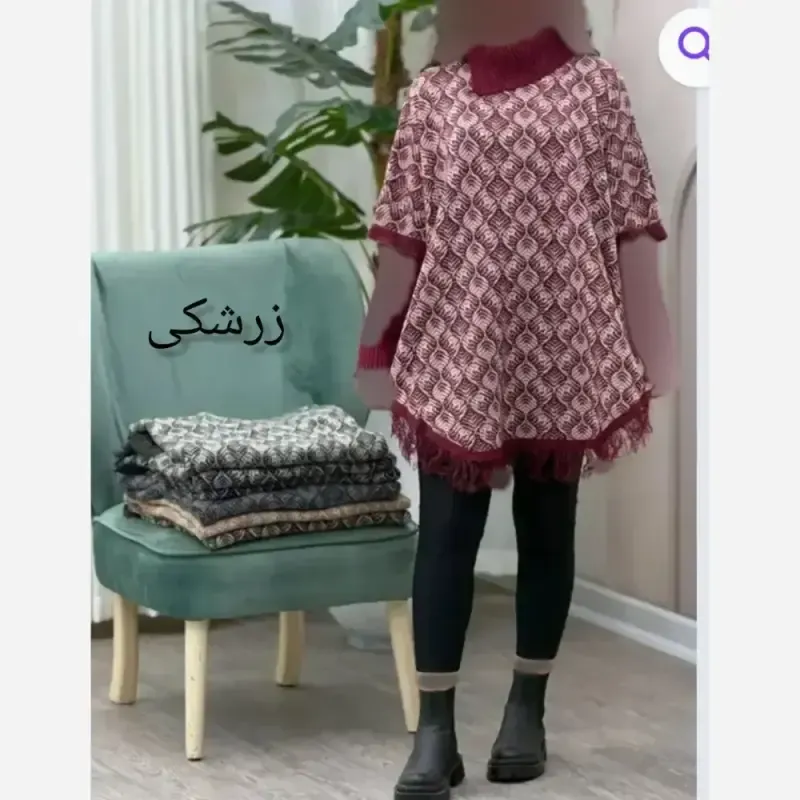 پانچ بافت طرح برگی پالتو آستین کشبافت فری سایز