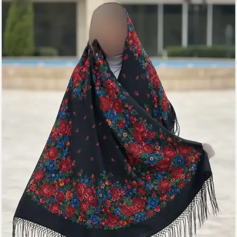 روسری ترکمنی ایرانی مدل تاتار کد 1607 طرح سنتی نخ پلی استر 130x130 مناسب 4 فصل