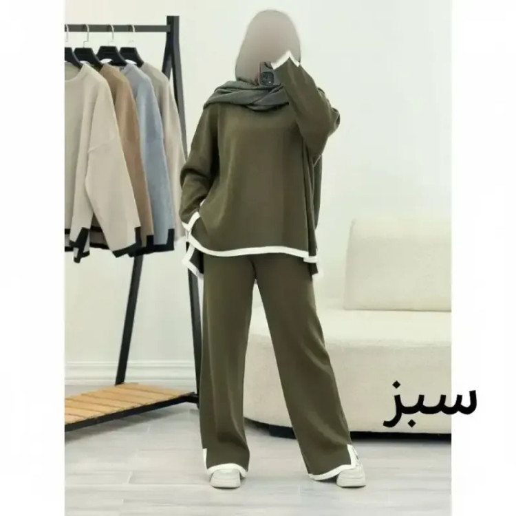ست بافت زنانه رویا نخ اکریلیک فری سایز رنگ زیتونی کرم نسکافه ای